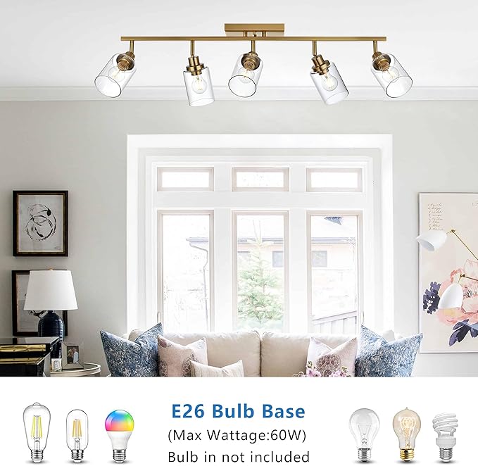 MELUCEE 5-Light Track Lighting Kit Brass Semi Flush Mount Ceiling Light Fixture with 5 Rotatable Light Heads, 37 Inch Modern Accent Lighting for Foyer Art Wall Kitchen, Clear Glass Shade