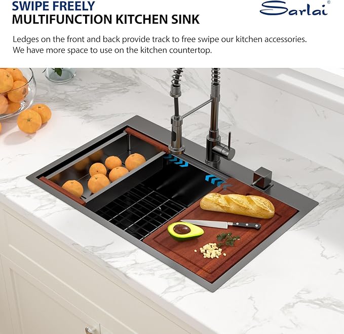 Sarlai 30 Drop Kitchen Sink Black Stainless Steel - 30 x 22 Inch Kitchen Sink Drop In Topmount Ledge Workstation 16 Gauge Gunmetal Black Stainless Steel Single Bowl Over Counter Sinks With Accessories