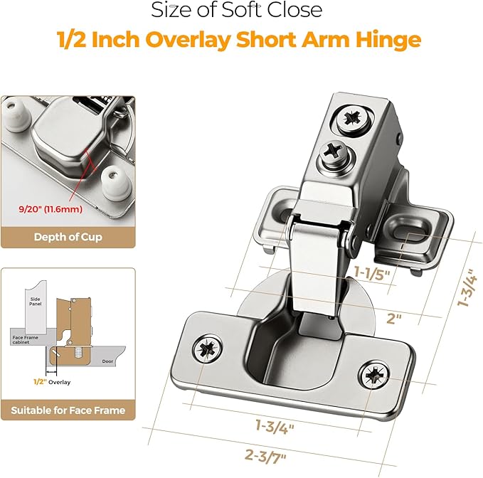 Ravinte 10 Pack 5 Pairs Short Arm Kitchen Cabinet Hinges for 1/2 Inch Overlay Cabinet, Brushed Nickel 105 Degree Opening Angle Hinges, Soft Close Concealed with Mounting Screws for Face Frame Door