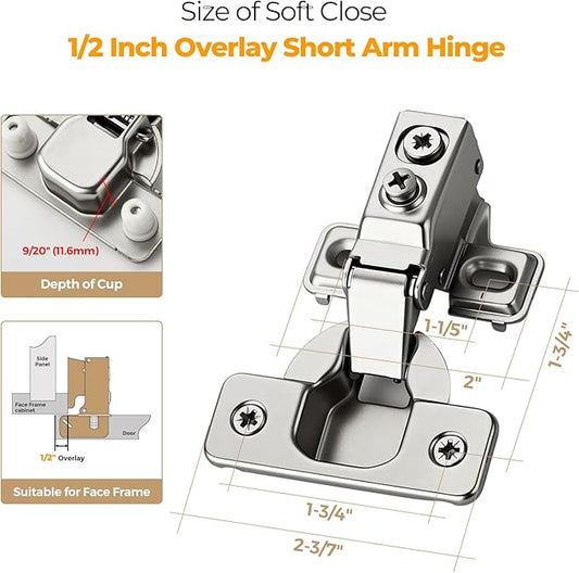 Ravinte 10 Pack 5 Pairs Short Arm Kitchen Cabinet Hinges for 1/2 Inch Overlay Cabinet, Brushed Nickel 105 Degree Opening Angle Hinges, Soft Close Concealed with Mounting Screws for Face Frame Door