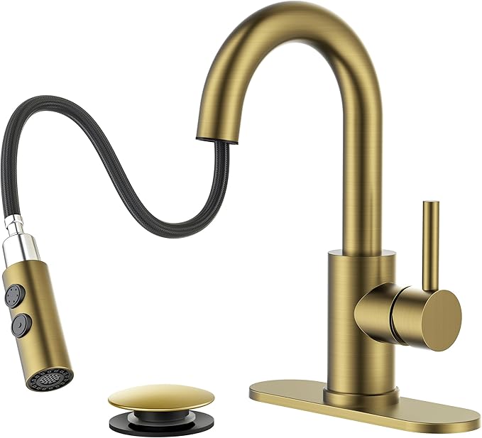 FORIOUS Brushed Gold Bathroom Faucets for Sink 3 or 1 Hole with Pull Down Sprayer, Single Handle Gold Faucets for Bathroom Vanity with Pop Up Drain, Suitable for Bath, RV, Laundry & Utility Sink