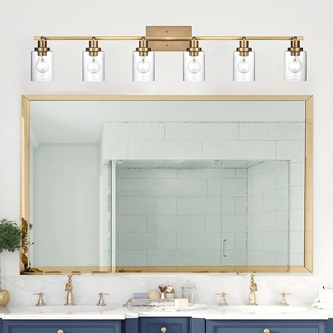 MELUCEE 6 Light Bathroom Vanity Light Fixtures Multi-Directional Rotating Track Lighting Kit Brass, 45.3 Inch Ceiling Spotlight Fixture for Kitchen Foyer Bath, Clear Glass Shade