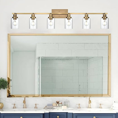 MELUCEE 6 Light Bathroom Vanity Light Fixtures Multi-Directional Rotating Track Lighting Kit Brass, 45.3 Inch Ceiling Spotlight Fixture for Kitchen Foyer Bath, Clear Glass Shade