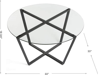 Mango Steam Round Metro Glass Coffee Table for Living Room & Dining Room - Clear Top/Black Base