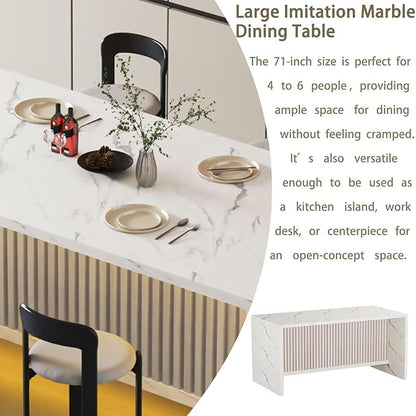 71" Faux Marble Dining Table for 4-6, Island Table with LED Lights, Modern Marble Stripes Kitchen Dining Table with Grille Design for Dining Room, Living Room, White
