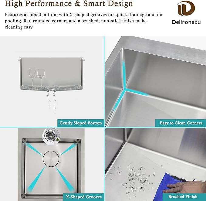 17 Inch Bar Sink Drop In – Delironexu Small Kitchen Sink, Modern 18 Gauge Stainless Steel sink with Brushed Finish, 17"x19"x6" Single Bowl kitchen Sinks for RV, Prep, and Outdoor Use