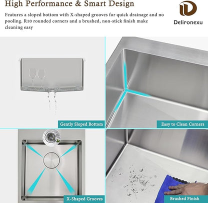 17 Inch Bar Sink Drop In – Delironexu Small Kitchen Sink, Modern 18 Gauge Stainless Steel sink with Brushed Finish, 17"x19"x6" Single Bowl kitchen Sinks for RV, Prep, and Outdoor Use