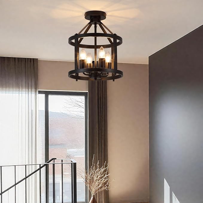 Black Flush Mount Ceiling Light Fixture, 4-Light Farmhouse Semi Flush Mount Ceiling Light, Industrial Metal Chandelier Ceiling Lamp for Dining Room Hallway Entryway Kitchen, E26 Socket