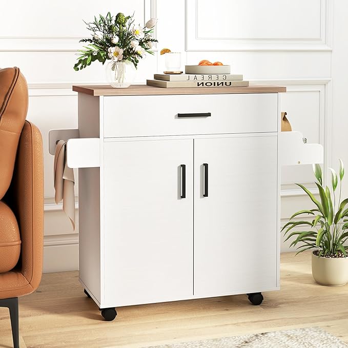 Giantex Kitchen Island with Storage, 41.5" W Rolling Island Table with Cabinet, Drawer, Towel Rack & Spice Rack, Bar Kitchen Cart On Wheels for Living Dining Room, White