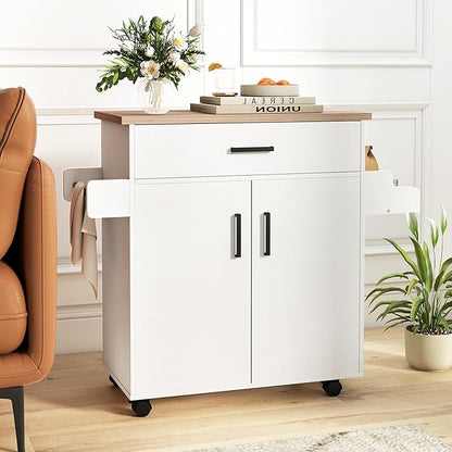 Giantex Kitchen Island with Storage, 41.5" W Rolling Island Table with Cabinet, Drawer, Towel Rack & Spice Rack, Bar Kitchen Cart On Wheels for Living Dining Room, White