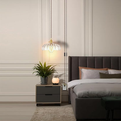 Plug-in Pendant Light Fixture, Hanging Light Fixture, Glass Pendant Light, Swag Lamp with Inline On/Off Switch for Kitchen Island, Bedroom, Dining Room, Living Room (Clear Lotus, Plug-in)