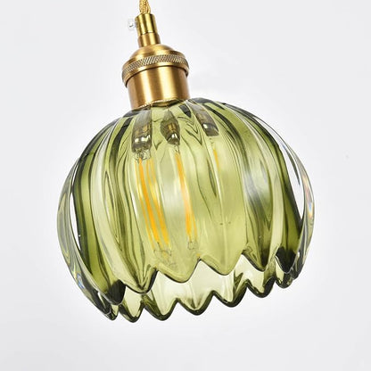 Mini Flower Glass Pendant Light Adjustable Hanging Lamp, Green Pendant Lights Kitchen Island Dining Room Hallway Bedroom Living Room, LED Bulb Included