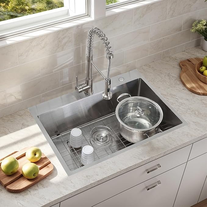Comllen 33 x 22 inch Drop in Kitchen Sink, 33 inch Topmount Stainless Steel Sink, 18 Gauge T304 Single Bowl Kitchen With Grid and Strainer
