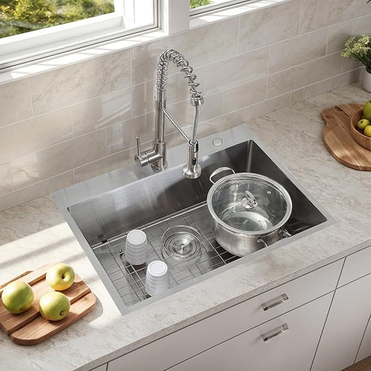 Comllen 33 x 22 inch Drop in Kitchen Sink, 33 inch Topmount Stainless Steel Sink, 18 Gauge T304 Single Bowl Kitchen With Grid and Strainer