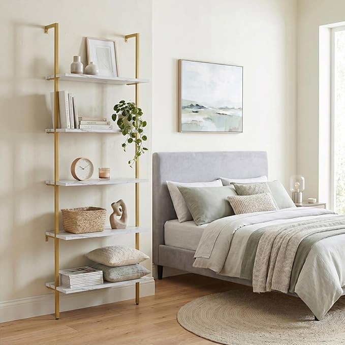 aboxoo Ladder Shelf White Marble Bookshelf 5-Tier Wall-Mounted Wood Rack Industrial Modern Plant Flower Stand Utility Organizer Open Bookcase Metal Frame Furniture Office Kitchen Bedroom