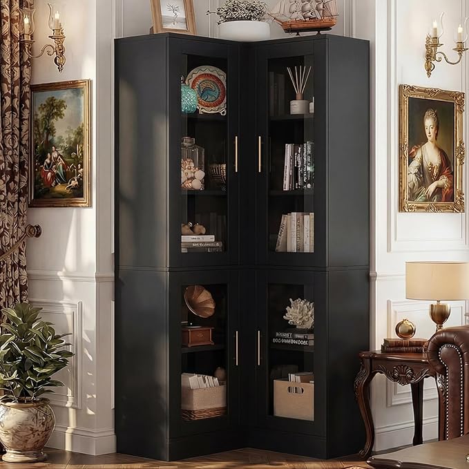 Armocity Corner Bookcase with Doors, 70" Tall Corner Bookshelf Cabinet with LED Lights, 6-Tier Corner Book Shelf for Home Office, Living Room, Black