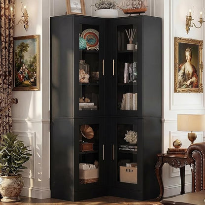 Armocity Corner Bookcase with Doors, 70" Tall Corner Bookshelf Cabinet with LED Lights, 6-Tier Corner Book Shelf for Home Office, Living Room, Black