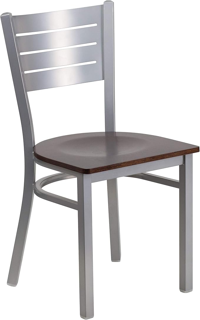 Flash Furniture 2 Pk. HERCULES Series Silver Slat Back Metal Restaurant Chair - Walnut Wood Seat