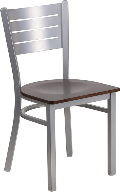 Flash Furniture 2 Pk. HERCULES Series Silver Slat Back Metal Restaurant Chair - Walnut Wood Seat