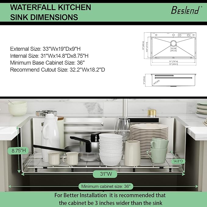 33 Inch Waterfall Kitchen Sink - Beslend 33x19 Drop In Waterfall Sink Workstation Smart Sinks 16 Gauge Stainless Steel Single Bowl Single Dish Basin with Faucet Combo