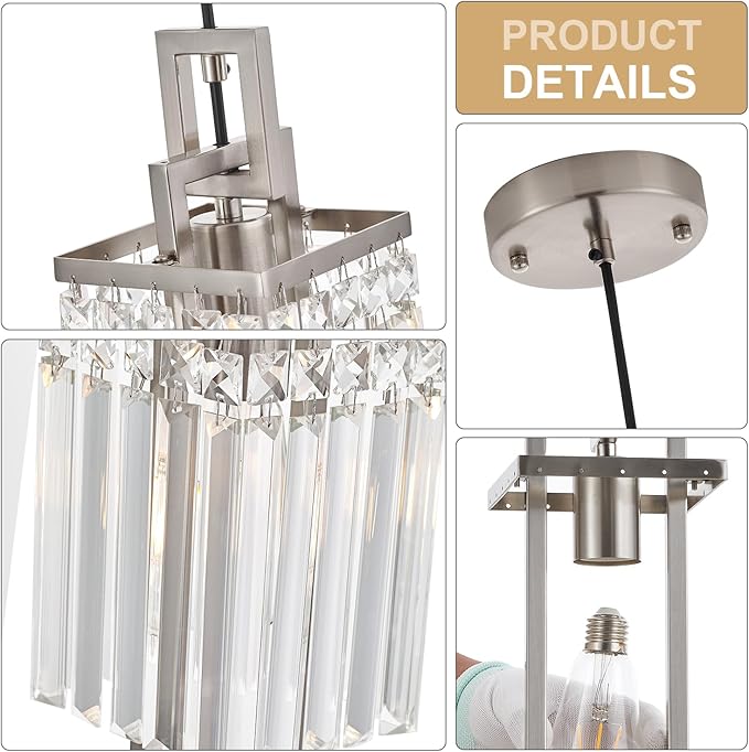 Modern Brushed Nickel Pendant Light Fixture for Kitchen Island and Dining Room, Industrial Small Hanging Crystal Chandelier Light Fixture for Bedroom Entryway Living room Foyer Hallway 3-Pack