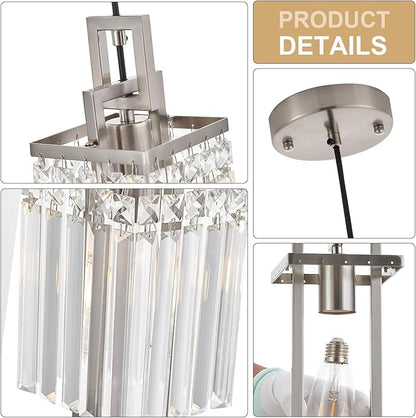 Modern Brushed Nickel Pendant Light Fixture for Kitchen Island and Dining Room, Industrial Small Hanging Crystal Chandelier Light Fixture for Bedroom Entryway Living room Foyer Hallway 3-Pack