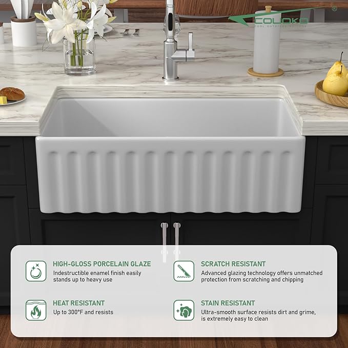 36 Inch White Farmhouse Sink Fireclay Apron Front Single Bowl Farm Sink Heavy Duty Large Deep Farm House Style Drop In Undermount Glossy WhiteSinks Basin for Kitchen 36" x 20" x 10"