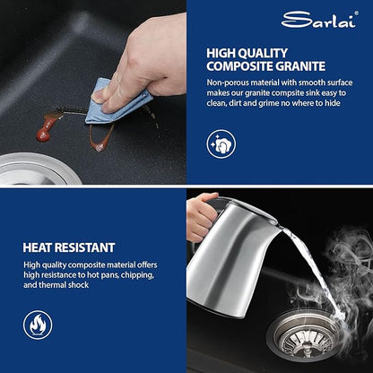 Sarlai 21 Black Kitchen Sink Granite Composite - 21 x 18 inch Bar Prep Workstation Sink Black Granite Composite Quartz Undermount Single Bowl Rectangular RV Camper Sinks Basin