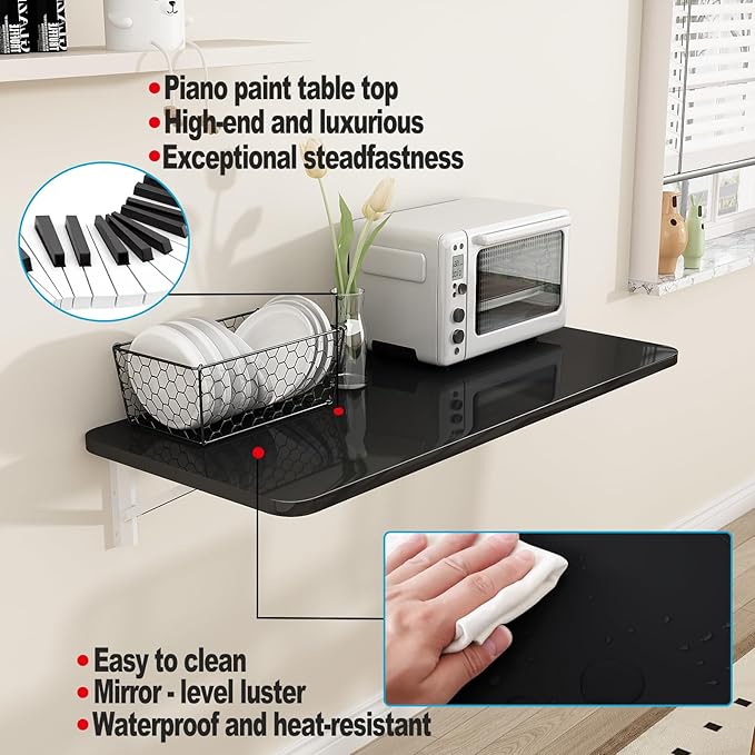 Wall Mounted Folding Table for Laundry Room Piano Baking Paint Waterproof, Wall Mount Table Fold Down Multi Size, Foldable Desk for Kitchens、Handicraft Production、Bars、Sewing Station（Black）