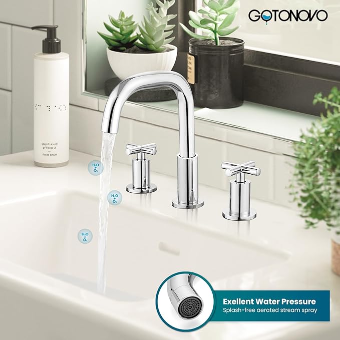gotonovo 8 inch Widespread 3 Hole Bathroom Sink Faucet,2 Cross Handle Vanity Faucet Deck Mount Basin for Bathroom Sink 360° Swivel Spout with Pop Up Drain Polished Chrome