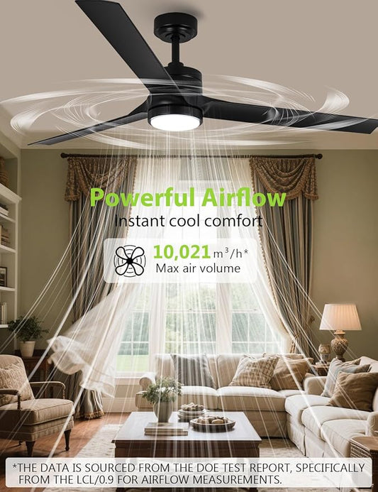 Ceiling Fans with Lights and Remote, 60 Inch Black Low Profile Ceiling Fan with Light, Modern Outdoor Ceiling Fan for Bedroom Living Room Patio, Fandelier Chandelier Style, Quiet DC Motor, 3CCT LED