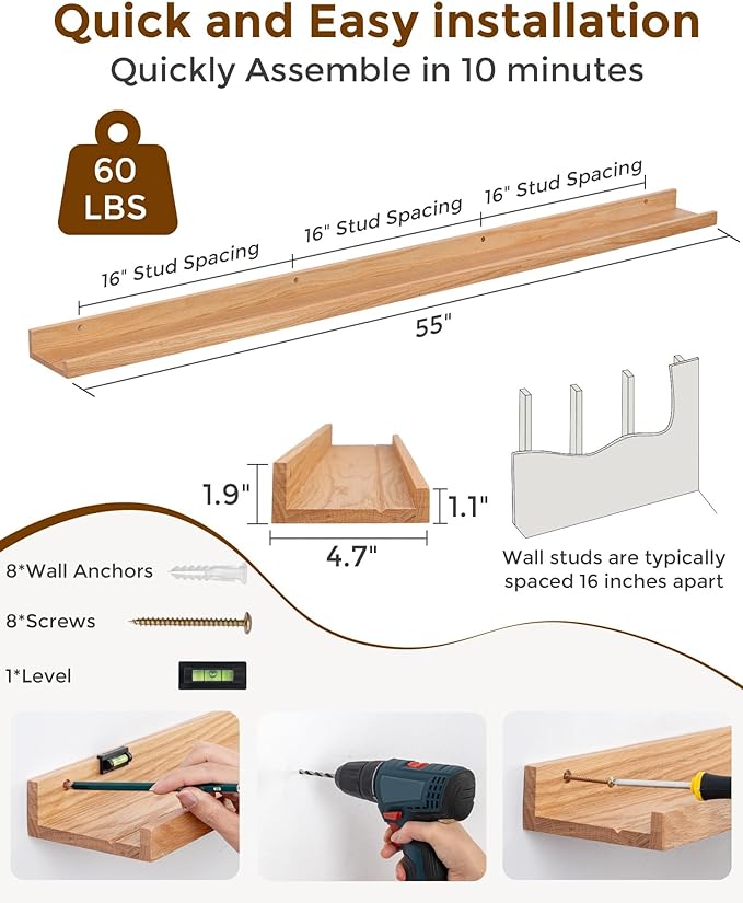 Axeman Oak Picture Ledge Shelf, 55 Inch Floating Shelves Set of 2, Solid Oak Wood Wall Shelves with Lip, Wall Decor Storage for Bedroom Living Room Bathroom Kitchen Nursery Photo Picture, Natural Oak