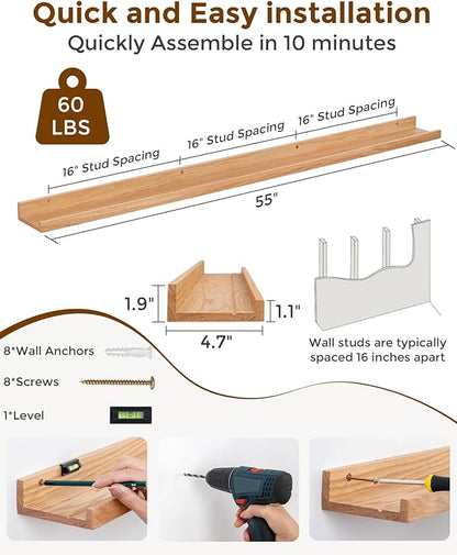Axeman Oak Picture Ledge Shelf, 55 Inch Floating Shelves Set of 2, Solid Oak Wood Wall Shelves with Lip, Wall Decor Storage for Bedroom Living Room Bathroom Kitchen Nursery Photo Picture, Natural Oak