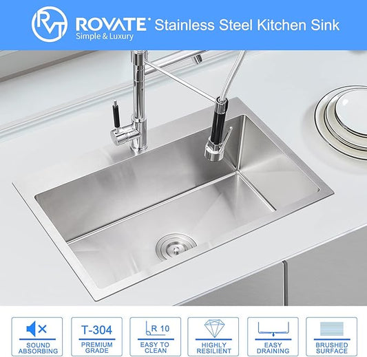 ROVATE 28 ×18 Inch Drop-in Kitchen Sink 304 Stainless Steel Single Bowl, Handmade 18 Gauge 9 Inches Deep Kitchen Sink Topmount with Basket Strainer