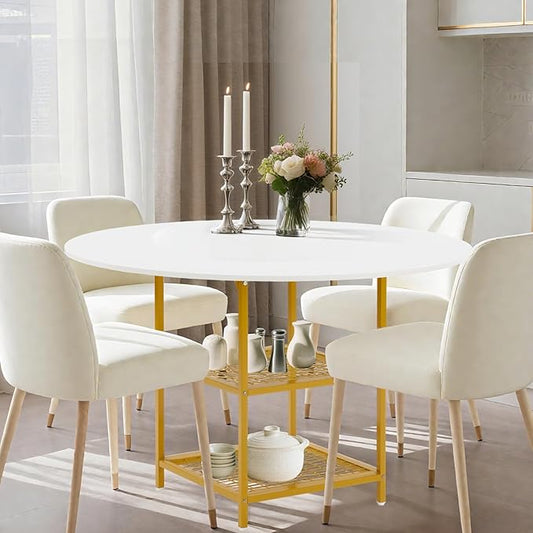 EROMMY Round Dining Table for 4, 47" Wood Kitchen Table with Storage Shelves, Modern Dinner Table for Dining Room Kitchen Living Room, White Gold(Only Table)