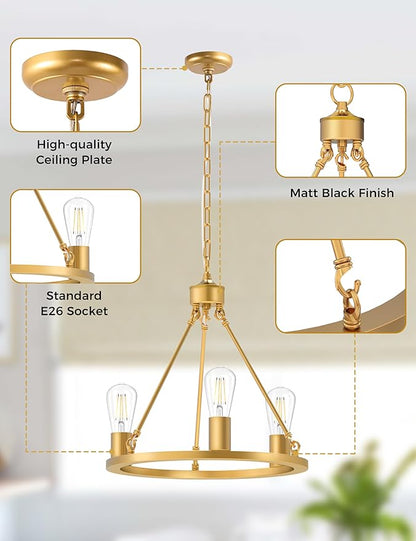 L LOHAS LED Gold Farmhouse Chandeliers for Dining Room, 3-Light Wagon Wheel Chandelier Over Table, Height Adjustable, 16" Dining Room Light Fixtures, Modern Chandelier for Kitchen Island Living Room