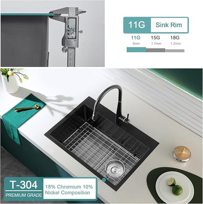 22 inch Drop-in Black Kitchen Sink Single Bowl, Topmount Kitchen Sink with Protective Bottom Grid, Overmount 304 Stainless Steel Kitchen Bar Sink Handmade with Basket Strainer, 22×18×9 inch