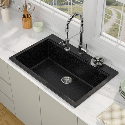 33 Granite Composite Kitchen Sink - Beslend 33x22 Drop In Black Kitchen Sink with High Pressure Glass Rinser, Granite Composite Worksation Black Sinks Easy Clean Quartz Basin for Kitchen Remodel