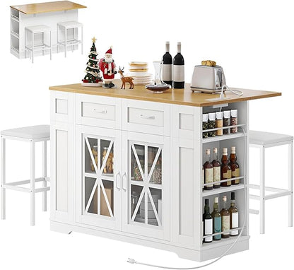 YITAHOME Kitchen Island with Seating, 47 Inch Mobile Storage Island with Drop Leaf, Rolling Islands Table with Power Outlet & Spice Rack, 2 Upholstered Stools and Footrest, for Dining Room, White Oak