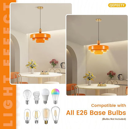 Orange Pendant Light with Wooden Dome, 3-Layer Metal Shade Mid Century Chandelier, Minimalist Industrial Hanging Light for Dining Room, Farmhouse Sink, Office
