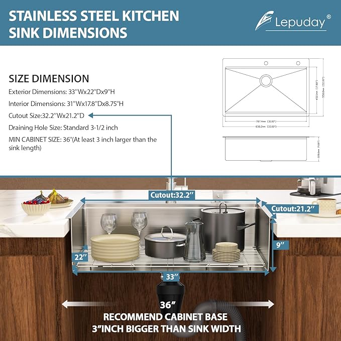 33 Inch Drop In Kitchen Sink 33x22 Drop In Stainless Steel Sink Workstation 16 Gauge Single Bowl Topmount Sinks Large Deep Basin