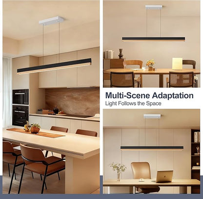 39" Wood Linear Pendant Light, Wood Dining Chandelier with Remote, 24W LED Dimmable Pendant Lights Kitchen Island, Linear Hanging Chandelier for Dining Room, Bar, Pool Table-Natural