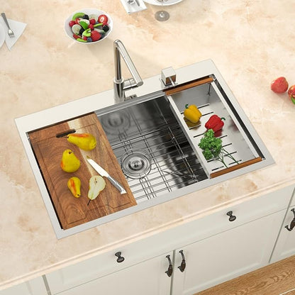 33x22 Drop In Kitchen Sink Workstation - MERYIAO 33 Inch Stainless Steel Sinks Topmount 16 Gauge Single Bowl Above Counter 9" Deep Sinks with Accessories