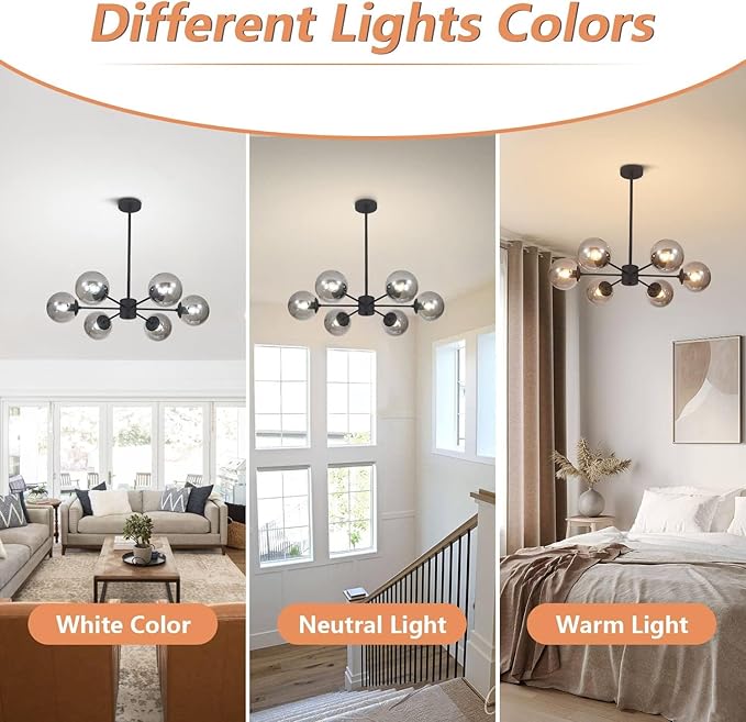 KCO Lighting Mid Century Modern Globe Sputnik Chandelier 6-Light Smoke Gray Glass Globe Flush Mount Ceiling Light Black Farmhouse Kitchen Island Lighting Fixture (Black+Smoke Gray)