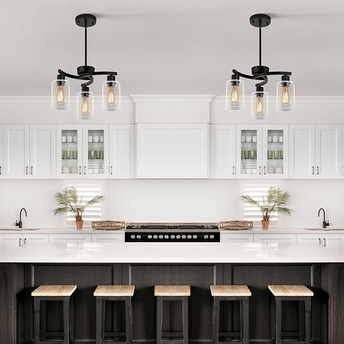 Sigaitwei 3-Light Modern Farmhouse Chandelier for Dining Room Light Fixtures，16.5" Black Kitchen Island Pendant Lighting, Adjustable Hanging Light for Dining Room with Clear Glass Shades