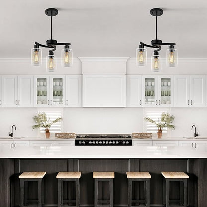 Sigaitwei 3-Light Modern Farmhouse Chandelier for Dining Room Light Fixtures，16.5" Black Kitchen Island Pendant Lighting, Adjustable Hanging Light for Dining Room with Clear Glass Shades