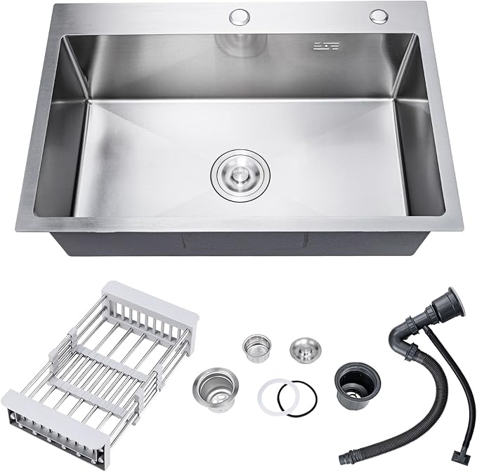 33 Inch Drop In Kitchen Sink, 16 Gauge Stainless Steel Kitchen Sink Single Bowl Sinks with Drain Strainer (33"x19"x9")