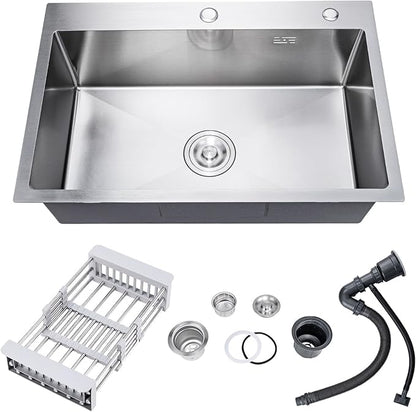 33 Inch Drop In Kitchen Sink, 16 Gauge Stainless Steel Kitchen Sink Single Bowl Sinks with Drain Strainer (33"x19"x9")