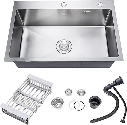 33 Inch Drop In Kitchen Sink, 16 Gauge Stainless Steel Kitchen Sink Single Bowl Sinks with Drain Strainer (33"x19"x9")