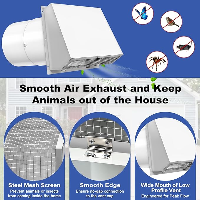 10 Inch Hooded Wall Vent with Screen and Damper, 10 Inch Range Hood Wall Vent Cap, Wall Exhaust Vent Cover, Outdoor Hooded Wall Vent for Dryer Vent, Outside Exterior Mount, Range Hood, Kitchen, White